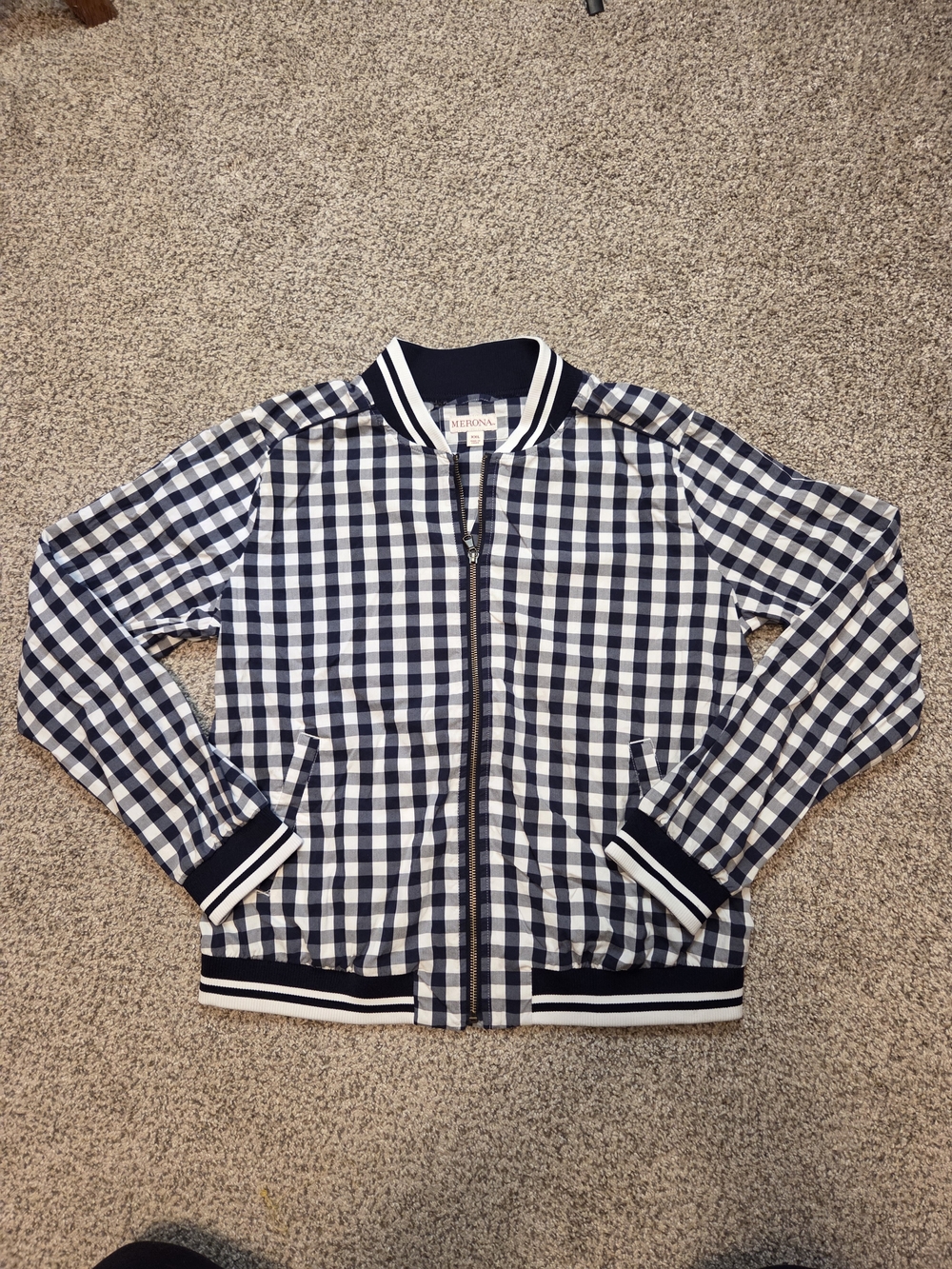 Merona Gingham Check Bomber Jacket Navy Blue XXL